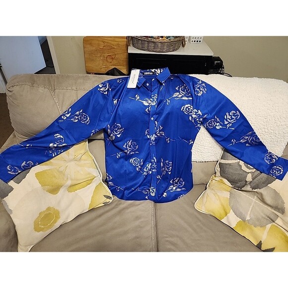 ZEROYAA Men's Hipster Rose Floral Printed Slim Fit LongSleeve Button Dress Shirt - Picture 1 of 4